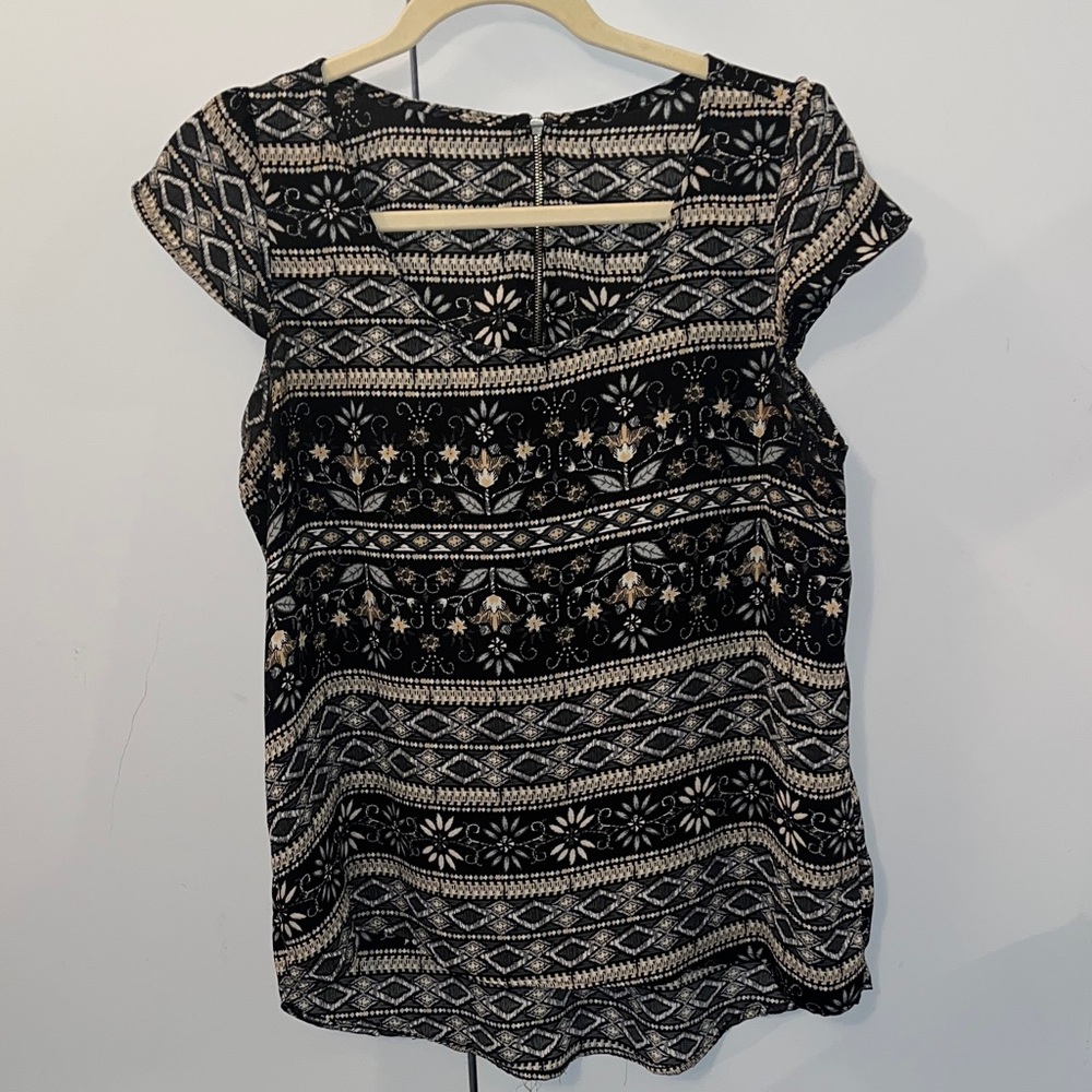 Black, Yellow & White Floral Stripe Patterned Blouse with Zipper